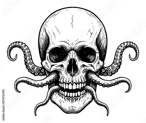 Detailed Human Skull with Creepy Octopus Tentacles Emerging Front View Black and White Outline Line Art Drawing