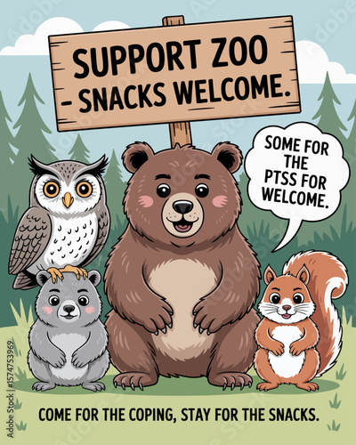 Group therapy zoo with owl, bear, squirrel, and sign “Support Zoo – Snacks Welcome,” captioned “Come for the Coping, Stay for the Snacks” on black background, comical mental health support.