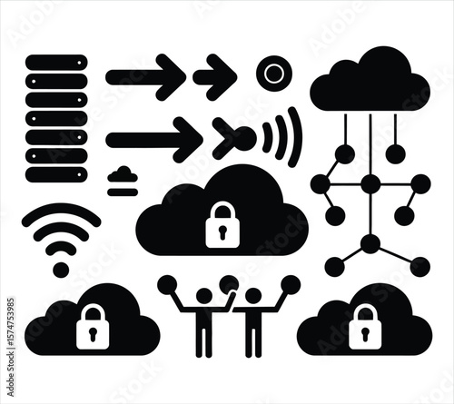Cloud Sync and Backup Black Icons