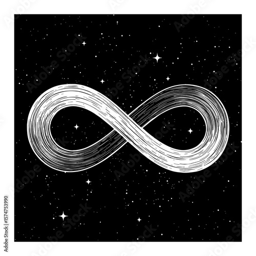 Mystical Shining Infinity Symbol in Outer Space Black and White Outline Line Art Drawing Celestial