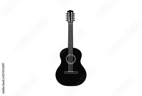 Classic acoustic guitar shown with black silhouette and six strings centered on white background