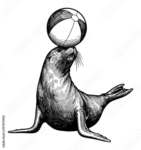 An Adorable Seal Playing with a Ball Balanced on its Nose Black and White Outline Line Art Drawing