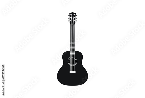 Full acoustic guitar silhouette is standing upright on a white transparent background