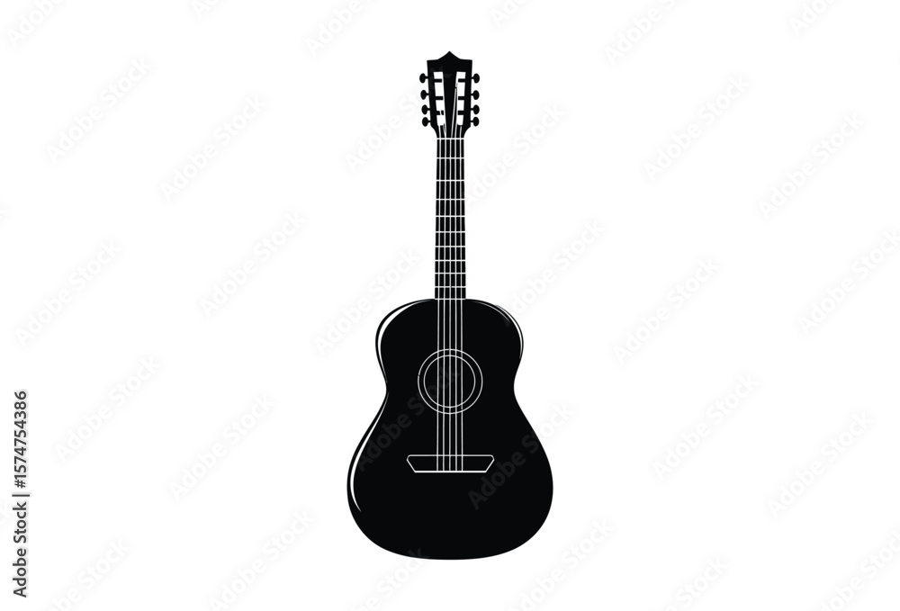 Obraz premium Silhouette of an acoustic guitar with visible strings and tuning pegs against a white background
