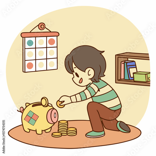 Boy putting coins into a yellow piggy bank with a calendar and bookshelf in the background illustration