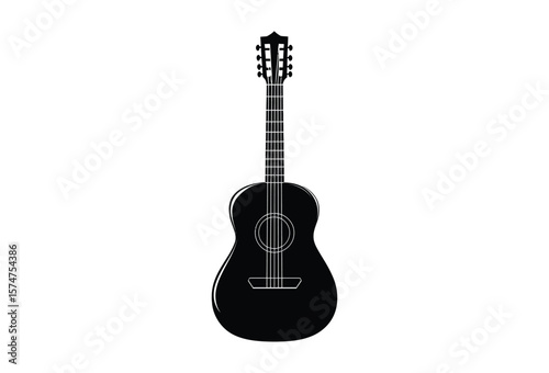 Silhouette of an acoustic guitar with visible strings and tuning pegs against a white background