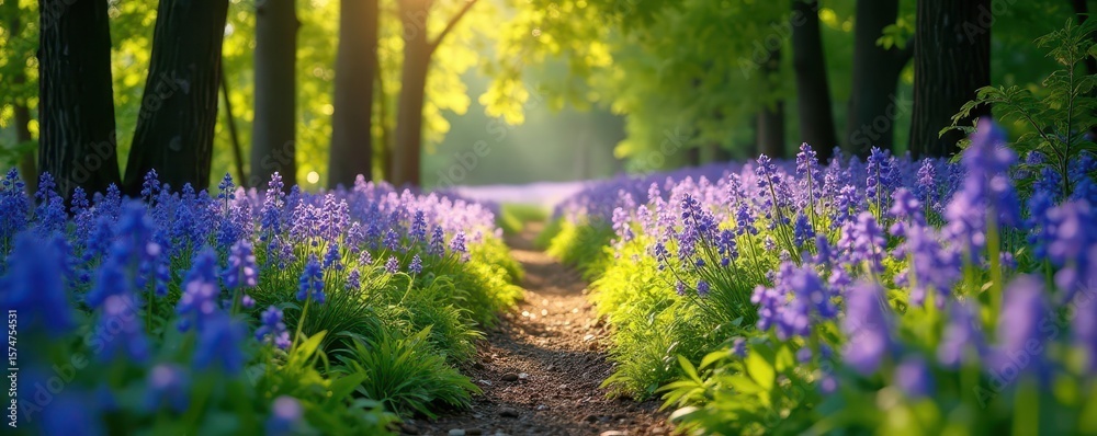 Naklejka premium Sun-dappled path lined with vibrant bluebells , blue, trees