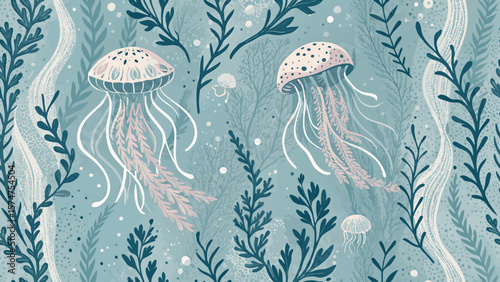Vector Illustration Seamless Pattern Jellyfish and Seaweed Pattern Pastel Blue Background.