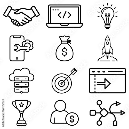 Collection of business and technology icons including handshake laptop lightbulb and financial symbols