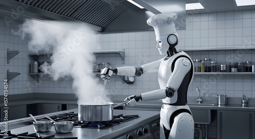 A Culinary Robot, in a pristine kitchen, expertly stirs a steaming pot. Modern technology seamlessly blends with the art of cooking. Witness the future of gastronomy.