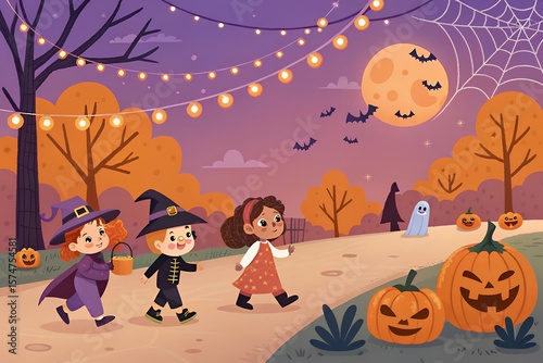 Children in halloween costumes trick or treating on a spooky night