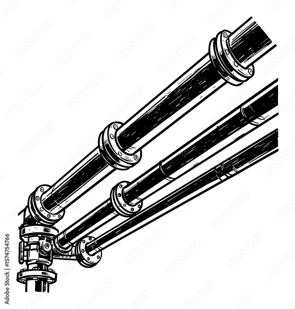 Naklejka premium Industrial Pipes and Connectors Multiple Pipes Flat Views Black and White Outline Line Art Drawing