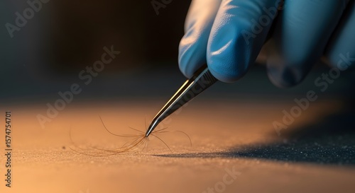 Closeup of a gloved hand delicately using tweezers to examine a single hair strand against a softly lit, textured surface. Forensic detail.