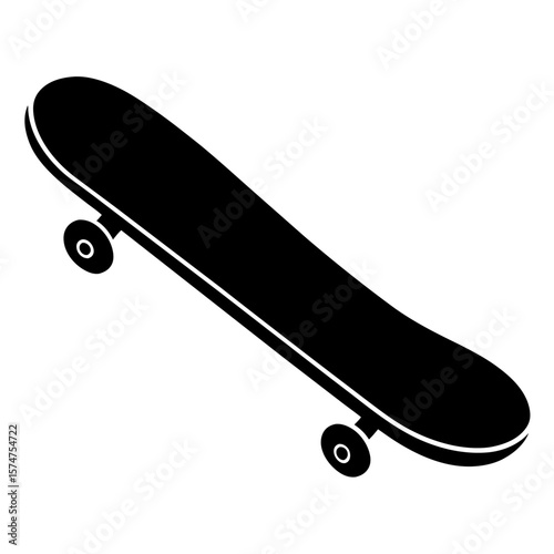 Bold black silhouette of a classic skateboard isolated on a white background for graphic design