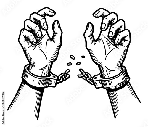 Handcuffed Hands Breaking from Chains Symbolizing Freedom Escape in Black and White Outline Line Art Drawing