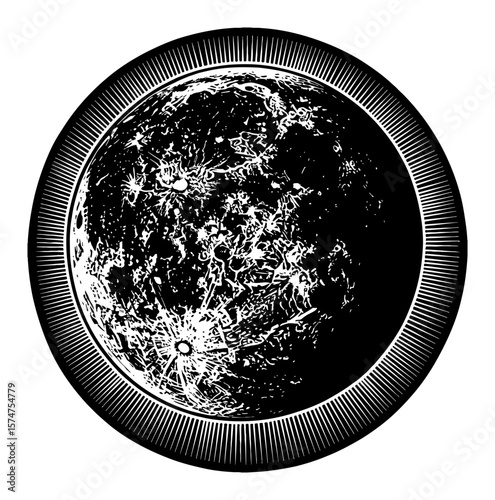 Detailed Full Moon with Bright Radiating Rays of Light Black and White Outline Line Art Drawing Celestial Object