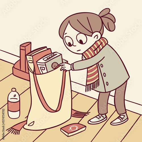 A girl with a scarf reaching into a bag filled with books and a tape recorder on a wooden floor