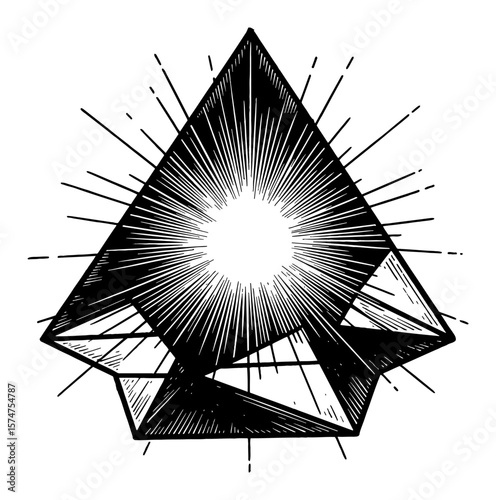 Prism with Rays of Light Geometric Shape Abstract Black and White Outline Line Art Drawing