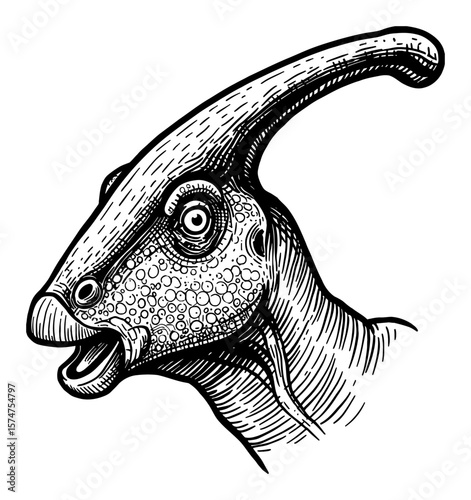 Parasaurolophus Head Portrait Black and White Outline Line Art Drawing Extinct Dinosaur Animal