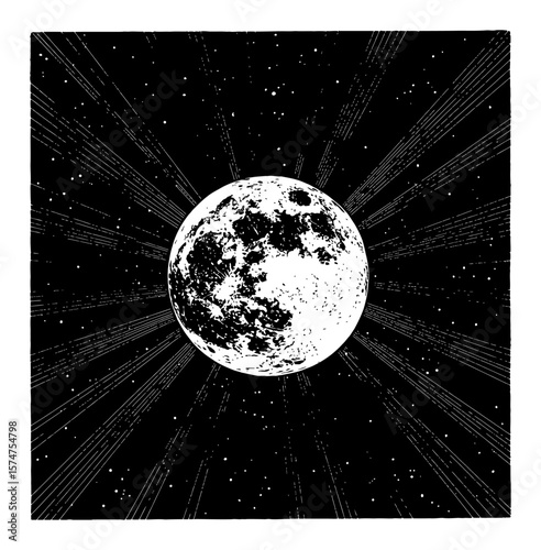 Full Moon with Bright Rays of Light and Stars in the Night Sky Black and White Outline Line Art Drawing