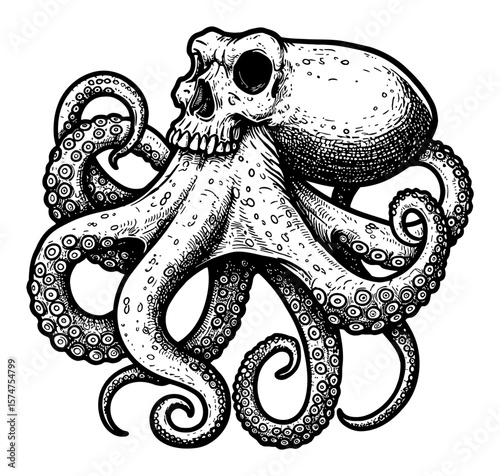 Detailed Octopus with Skull Head Black and White Outline Line Art Drawing Mysterious Marine Creature Illustration
