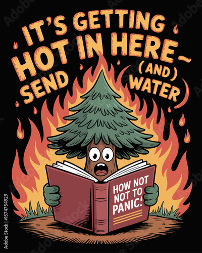 Tree reading “How Not to Panic” self-help book while surrounded by wildfires. Caption: “It’s Getting Hot in Here – Send Help (and Water)” in flammable font.