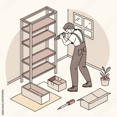 A person assembling a metal shelf unit with boxes and a screwdriver in a room with a window and plant