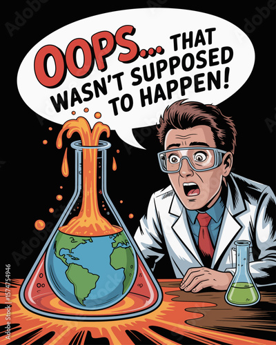Shocked scientist with lava-overflowing beaker containing Earth. Caption: “Oops… That Wasn’t Supposed to Happen” in comic lab-style lettering on black background.