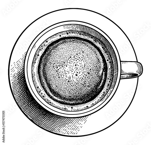 A Cup of Coffee Top View in Vintage Engraved Black and White Outline Line Art Drawing Illustration