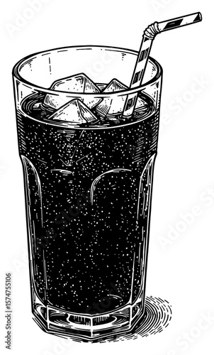A Glass of Soda with Ice and Straw Black and White Outline Line Art Drawing in Engraving Style