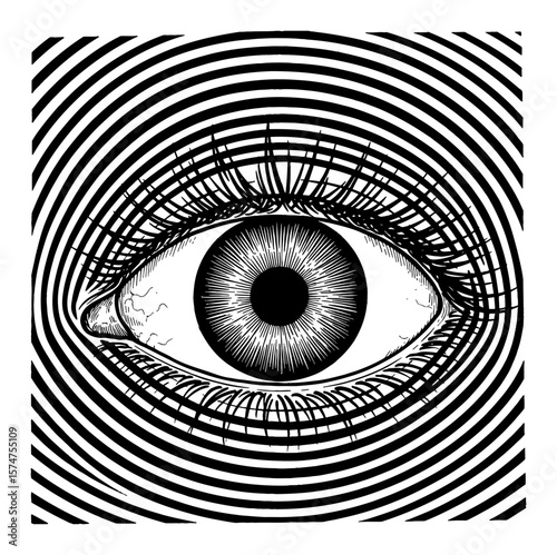Human Eye Centered Horizontally with Concentric Horizontal Line Background Black and White Outline Line Art Drawing