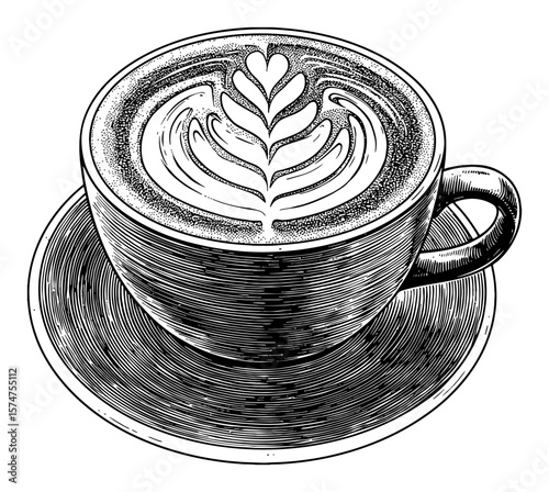 A Cup of Coffee with Latte Art Black and White Outline Line Art Drawing Engraved Vintage Style