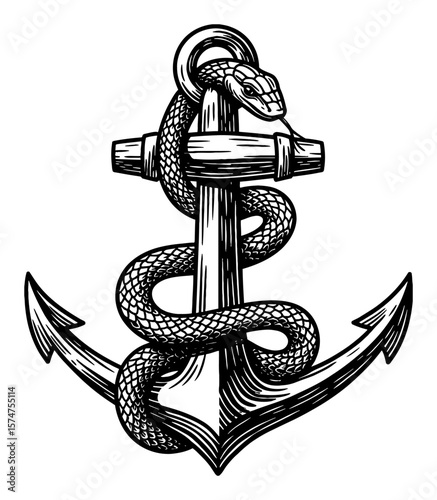 Nautical Anchor with Serpent Snake Symbol Wrapped Around Black and White Outline Line Art Drawing