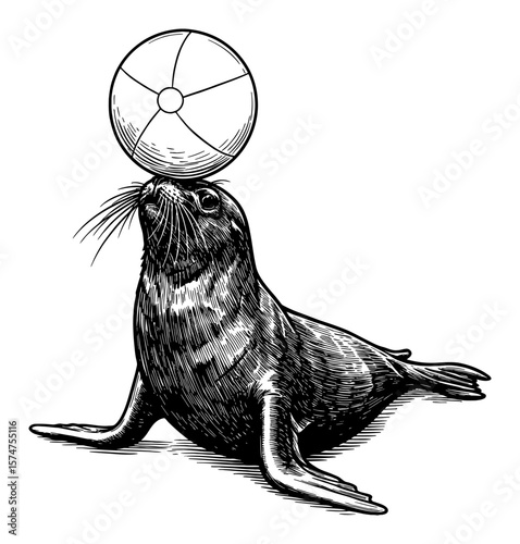 Seal Playing with Ball on Its Nose Detailed Black and White Outline Line Art Drawing Illustration