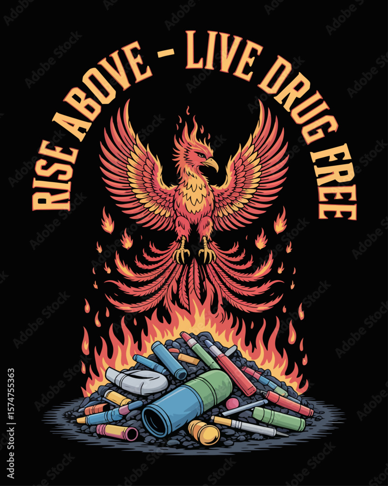 Obraz premium Phoenix rises from burning drug pile. Caption: “Rise Above – Live Drug Free” in fiery letters on black background.