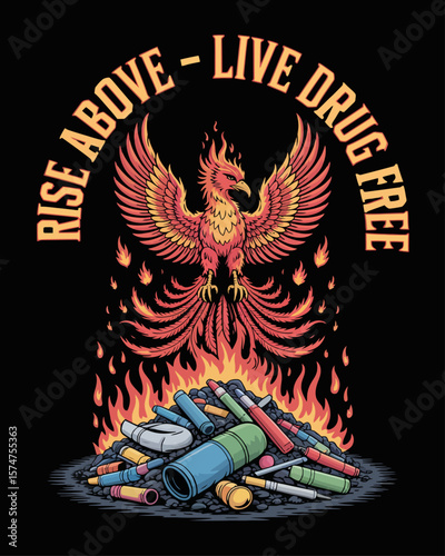 Phoenix rises from burning drug pile. Caption: “Rise Above – Live Drug Free” in fiery letters on black background.