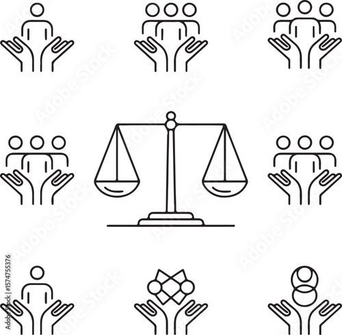 Fairness, Equality, and Justice Line Art Icons Representing Balance and Social Equity