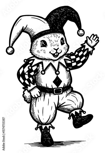 Cute Bunny Rabbit Character in Jester Suit Waving Dancing Black and White Outline Line Art Drawing