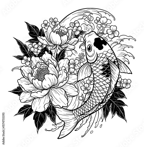 Traditional Chinese Japanese Oriental Koi Carp Fish and Peony Flower Black and White Outline Line Art Drawing