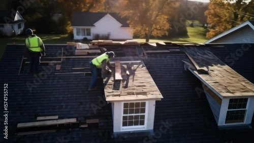 An aerial view displays roofers working on the roof of a home, carefully laying new roofing shingles, showcasing home improvement and skilled labor.