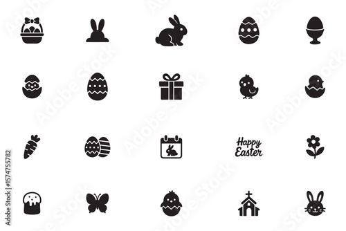 Easter holiday silhouette vector icon set, collection of spring celebration symbols