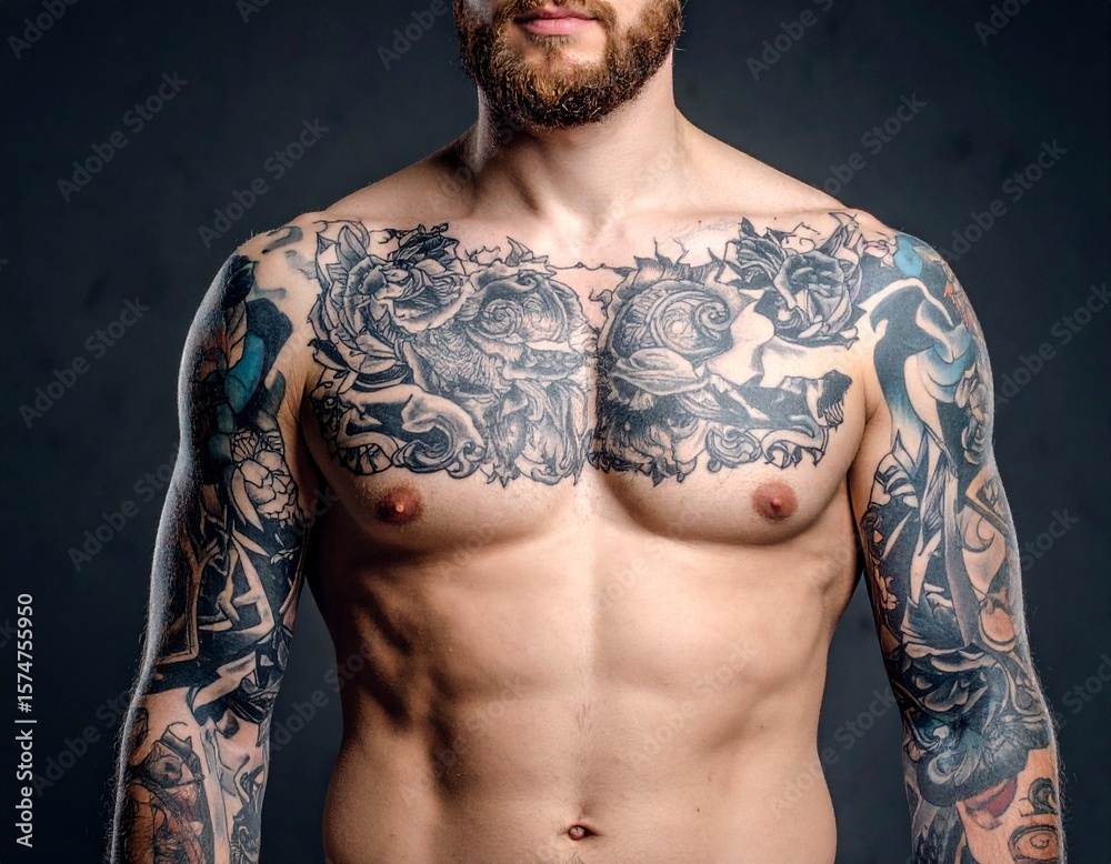 Fototapeta premium Tattoed Man Without Face, Upper Body Close-up, Lifestyle Concept