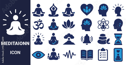 Meditation icons yoga lotus om symbol human head heart and hourglass vector