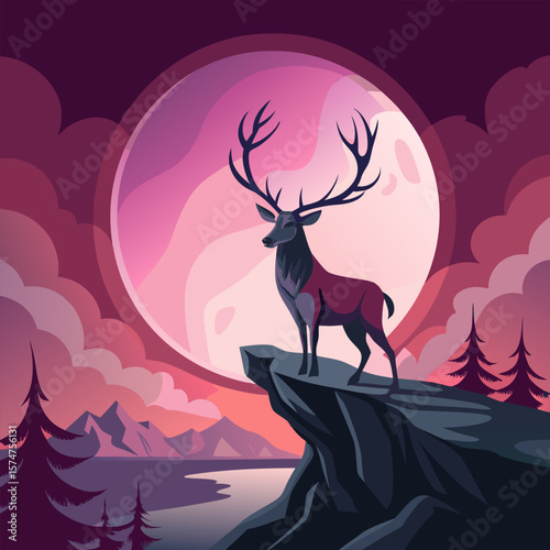 Composition of a circle an with elk staying on the top of the mountain