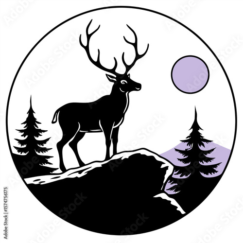 Composition of a circle an with elk staying on the top of the mountainc and black and white