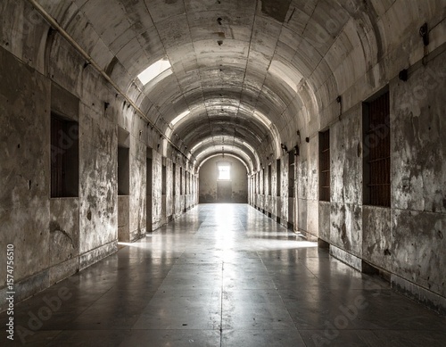 Dark Corridor of an Old Historic Prison with Iron Bars