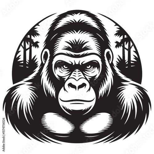 A fierce gorilla stares intensely from the jungle, isolated on transparent background