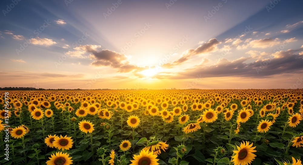 Fototapeta premium Sunset over a Vibrant Sunflower Field