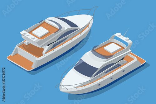 Two sleek, modern Isometric yachts gracefully float on a calm blue surface, showcasing luxury and leisure on the open water. Travel, luxury, marine transport, or summer vacation.