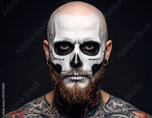 Un uomo con il viso dipinto di bianco che riproduce un teschio